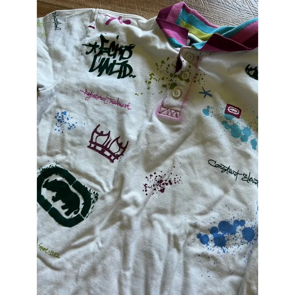 Ecko Unltd Polo Shirt Kids Sz 7 White‎ Graffiti Print Rhino Logo Streetwear 1608